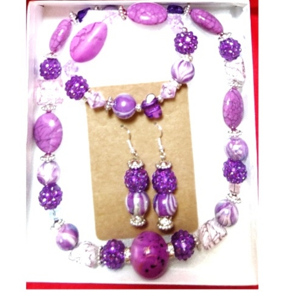 247NEB117 Handmade 3 Pc. Purple Beaded  Necklace Set - Picture 4 of 7